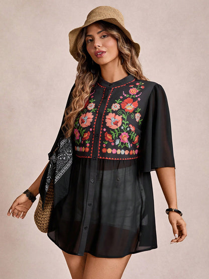 Freevana Plus Size Black Summer Boho Vacation Holiday Floral Print Button Front Loose Blouse,Women's Vintage Graphic Top,Western School Beach Shirt
