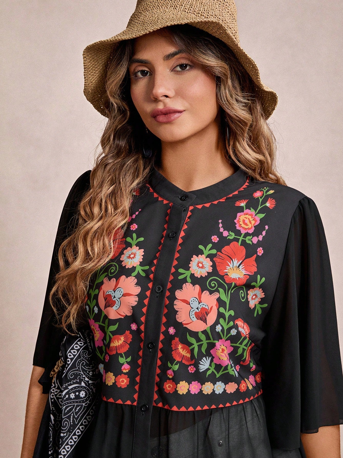 Freevana Plus Size Black Summer Boho Vacation Holiday Floral Print Button Front Loose Blouse,Women's Vintage Graphic Top,Western School Beach Shirt