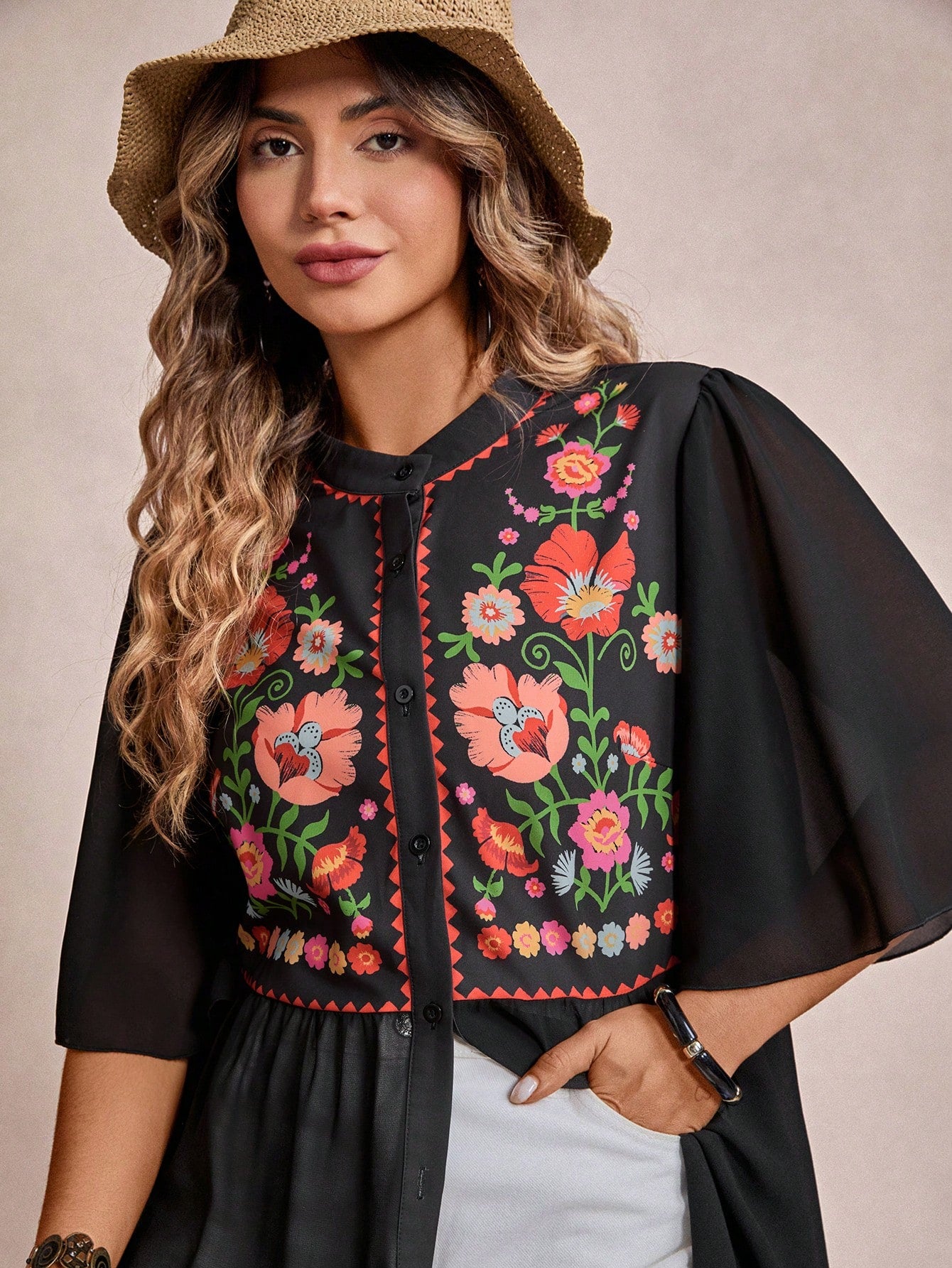 Freevana Plus Size Black Summer Boho Vacation Holiday Floral Print Button Front Loose Blouse,Women's Vintage Graphic Top,Western School Beach Shirt