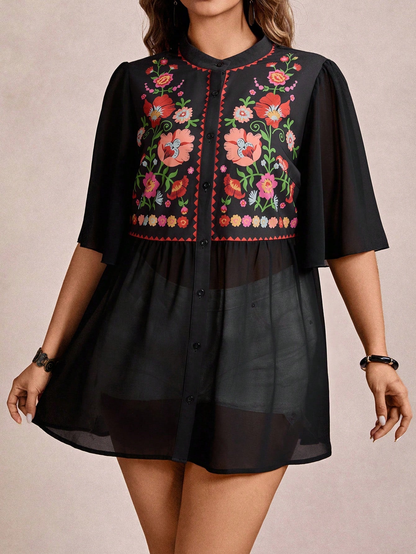 Freevana Plus Size Black Summer Boho Vacation Holiday Floral Print Button Front Loose Blouse,Women's Vintage Graphic Top,Western School Beach Shirt