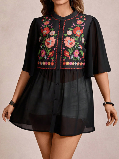 Freevana Plus Size Black Summer Boho Vacation Holiday Floral Print Button Front Loose Blouse,Women's Vintage Graphic Top,Western School Beach Shirt