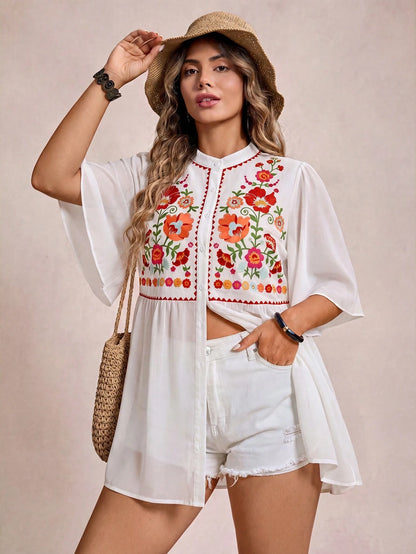 Freevana Plus Size Black Summer Boho Vacation Holiday Floral Print Button Front Loose Blouse,Women's Vintage Graphic Top,Western School Beach Shirt