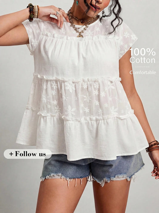 Freevana Plus Size Casual Solid Color Floral Embroidery Patchwork Shirt