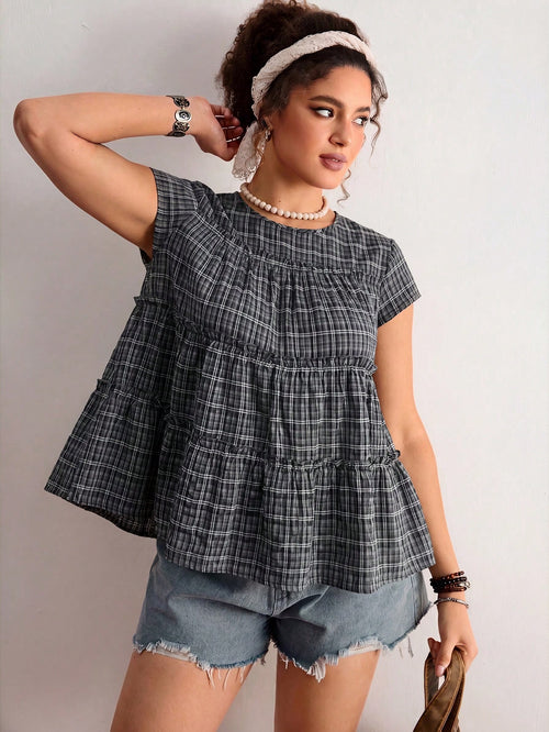 Freevana Plus Size Women's Plaid Round Neck Cap Sleeve Frill Trim Cute 90s 1950s Vintage Blouse Holiday Navy Blue Summer Holiday Vacation Vacation Vacation