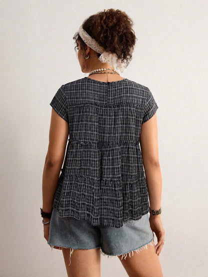 Freevana Plus Size Women's Plaid Round Neck Cap Sleeve Frill Trim Cute 90s 1950s Vintage Blouse Holiday Navy Blue Summer Holiday Vacation Vacation Vacation
