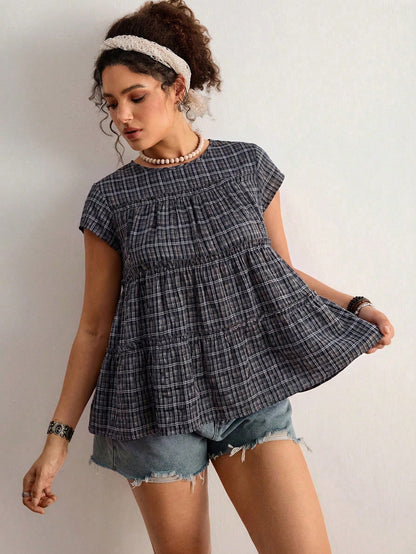 Freevana Plus Size Women's Plaid Round Neck Cap Sleeve Frill Trim Cute 90s 1950s Vintage Blouse Holiday Navy Blue Summer Holiday Vacation Vacation Vacation
