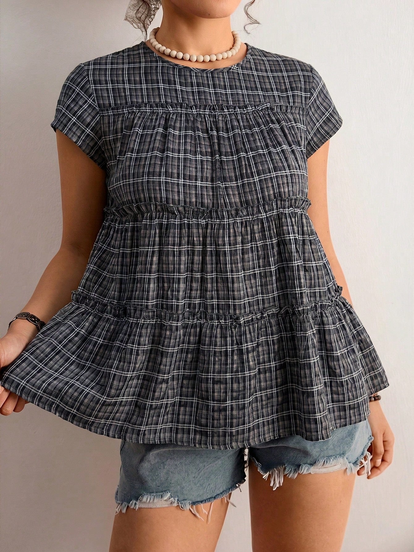 Freevana Plus Size Women's Plaid Round Neck Cap Sleeve Frill Trim Cute 90s 1950s Vintage Blouse Holiday Navy Blue Summer Holiday Vacation Vacation Vacation