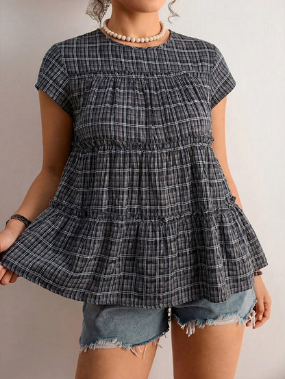 Freevana Plus Size Women's Plaid Round Neck Cap Sleeve Frill Trim Cute 90s 1950s Vintage Blouse Holiday Navy Blue Summer Holiday Vacation Vacation Vacation