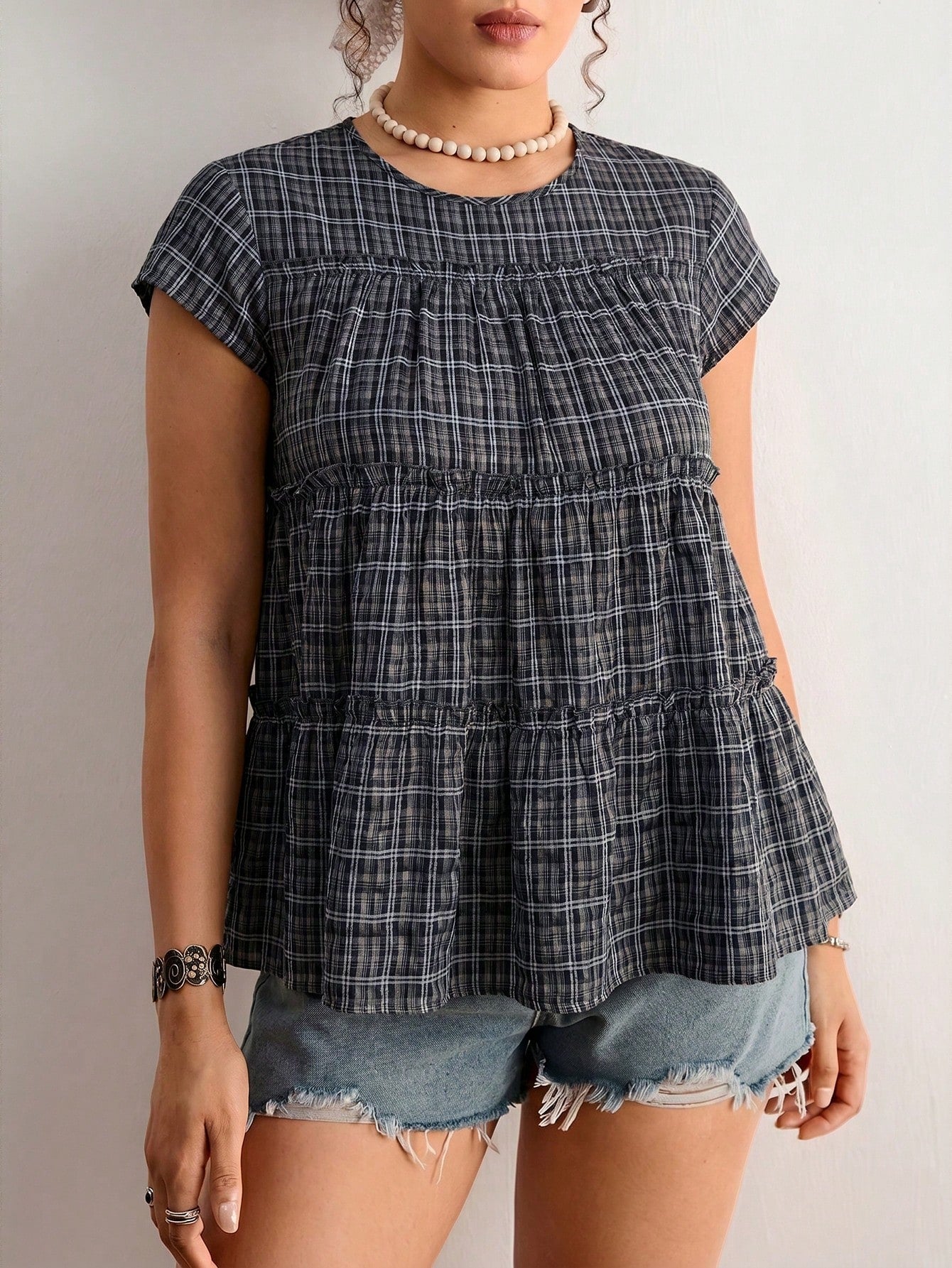 Freevana Plus Size Women's Plaid Round Neck Cap Sleeve Frill Trim Cute 90s 1950s Vintage Blouse Holiday Navy Blue Summer Holiday Vacation Vacation Vacation