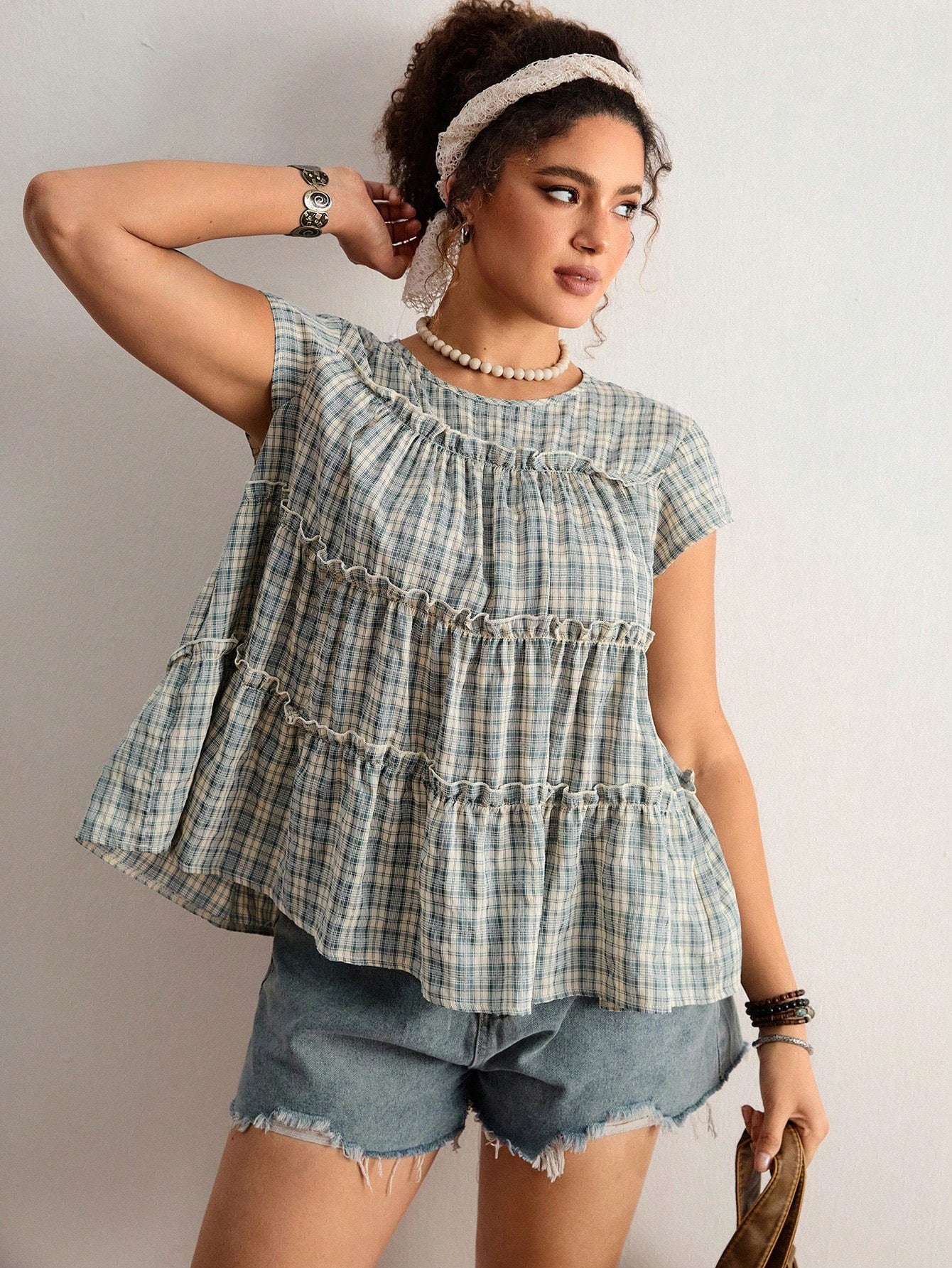 Freevana Plus Size Women's Plaid Round Neck Cap Sleeve Frill Trim Cute 90s 1950s Vintage Blouse Holiday Navy Blue Summer Holiday Vacation Vacation Vacation