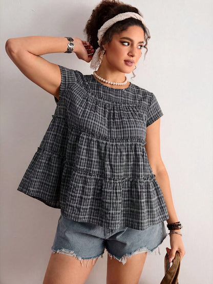 Freevana Plus Size Women's Plaid Round Neck Cap Sleeve Frill Trim Cute 90s 1950s Vintage Blouse Holiday Navy Blue Summer Holiday Vacation Vacation Vacation