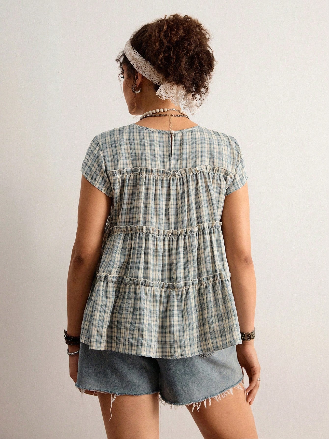 Freevana Plus Size Women's Vintage Boho Peasant Casual Blue And White Plaid Round Neck Sleeveless Tiered Ruffle Trim Babydoll Top-Sweet Loose Pullover Blouse