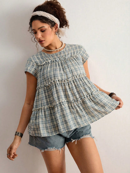 Freevana Plus Size Women's Vintage Boho Peasant Casual Blue And White Plaid Round Neck Sleeveless Tiered Ruffle Trim Babydoll Top-Sweet Loose Pullover Blouse