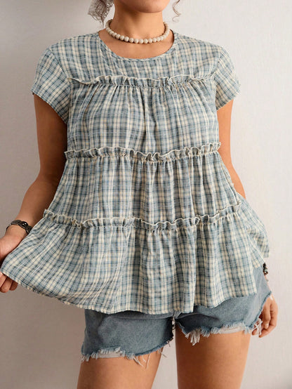 Freevana Plus Size Women's Vintage Boho Peasant Casual Blue And White Plaid Round Neck Sleeveless Tiered Ruffle Trim Babydoll Top-Sweet Loose Pullover Blouse