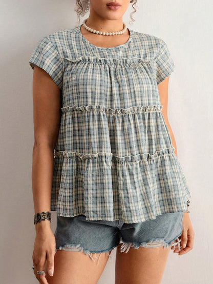 Freevana Plus Size Women's Vintage Boho Peasant Casual Blue And White Plaid Round Neck Sleeveless Tiered Ruffle Trim Babydoll Top-Sweet Loose Pullover Blouse