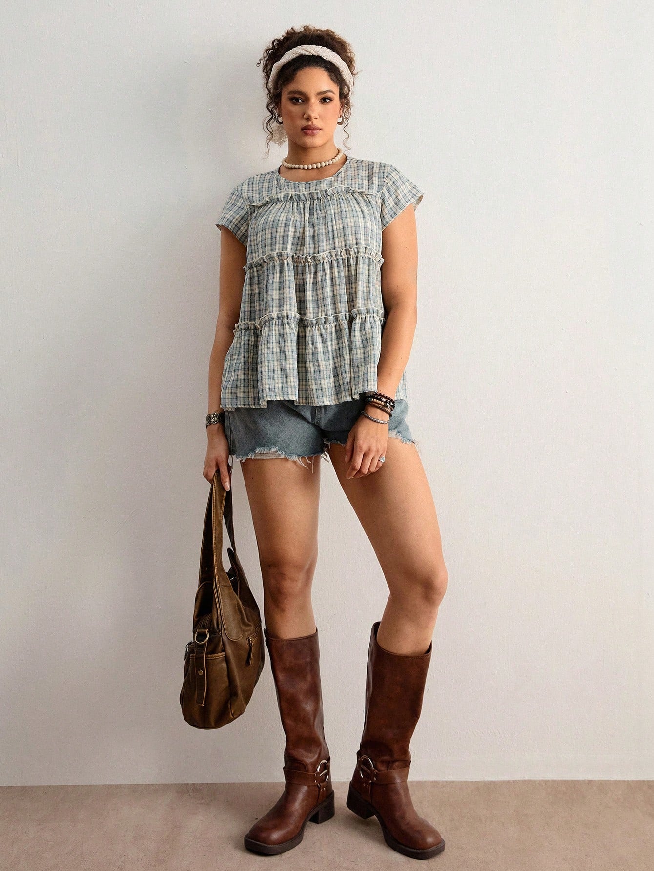 Freevana Plus Size Women's Vintage Boho Peasant Casual Blue And White Plaid Round Neck Sleeveless Tiered Ruffle Trim Babydoll Top-Sweet Loose Pullover Blouse