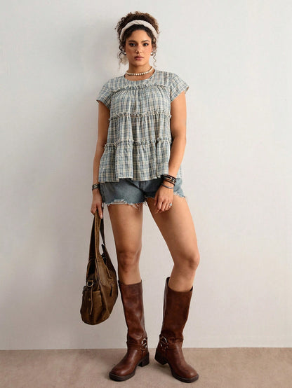 Freevana Plus Size Women's Vintage Boho Peasant Casual Blue And White Plaid Round Neck Sleeveless Tiered Ruffle Trim Babydoll Top-Sweet Loose Pullover Blouse
