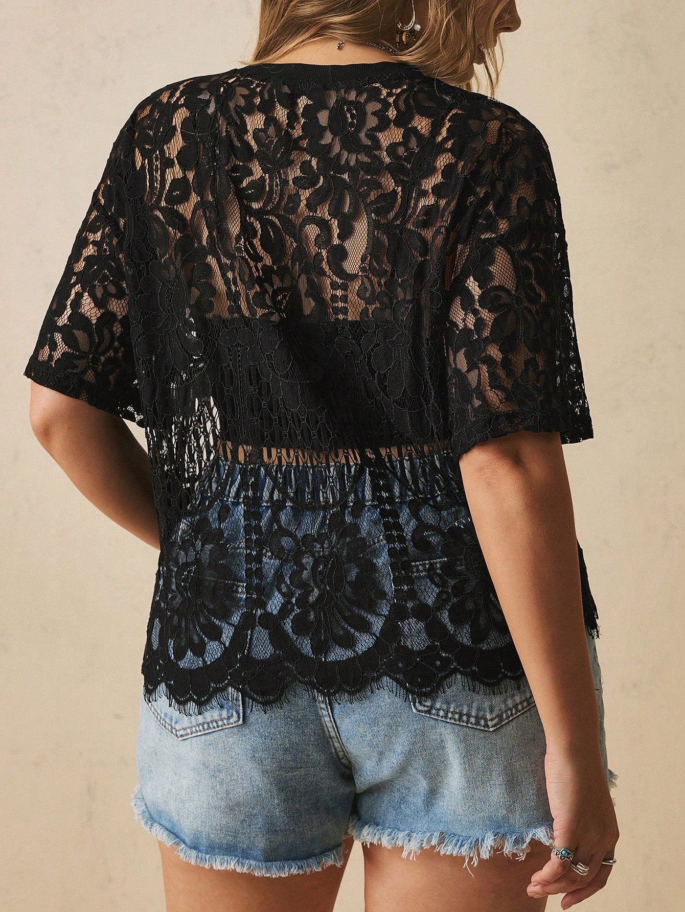 Freevana Women's Fashion Sexy Elegant StyleBlack Round Neck Short Sleeve Transparent Lace Cutout Top-Hollow Floral Jacquard Eyelash Hem Multifunctional Shirt