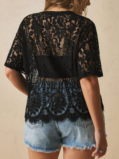 Freevana Women's Fashion Sexy Elegant StyleBlack Round Neck Short Sleeve Transparent Lace Cutout Top-Hollow Floral Jacquard Eyelash Hem Multifunctional Shirt
