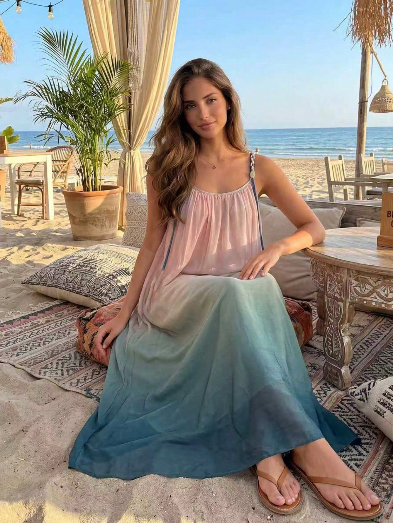 French Elegant Gradient Strap Dress, Popular Summer Style For Women Party Vacation