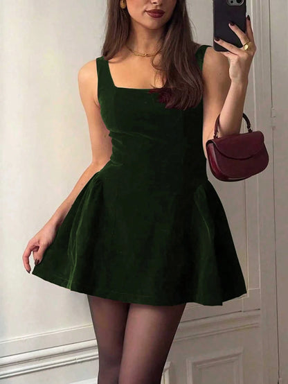 French Elegant Romantic Daily, Date, Holiday, Formal Evening Velvet Vintage Open Back Cinched Waist Mini Dress Summer Party