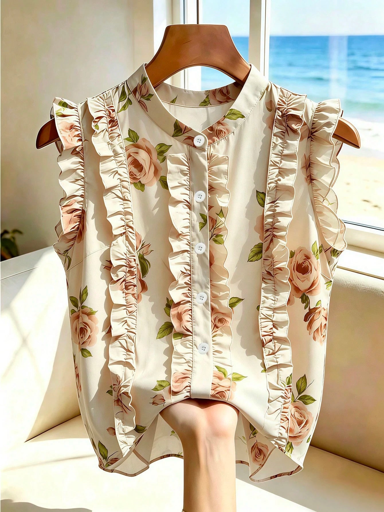 French Retro Sleeveless Chiffon Blouse With Ruffled Stand-Up Collar,Black And White Polka Dot,Summer,Elegant,Brunch,Holiday,Holiday,Casual Of