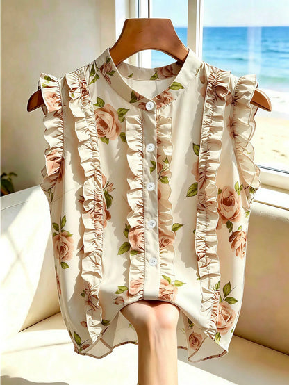 French Retro Sleeveless Chiffon Blouse With Ruffled Stand-Up Collar,Black And White Polka Dot,Summer,Elegant,Brunch,Holiday,Holiday,Casual Of