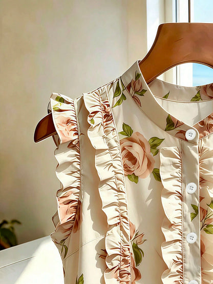 French Retro Sleeveless Chiffon Blouse With Ruffled Stand-Up Collar,Black And White Polka Dot,Summer,Elegant,Brunch,Holiday,Holiday,Casual Of