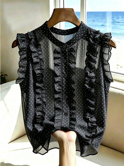French Retro Sleeveless Chiffon Blouse With Ruffled Stand-Up Collar,Black And White Polka Dot,Summer,Elegant,Brunch,Holiday,Holiday,Casual Of