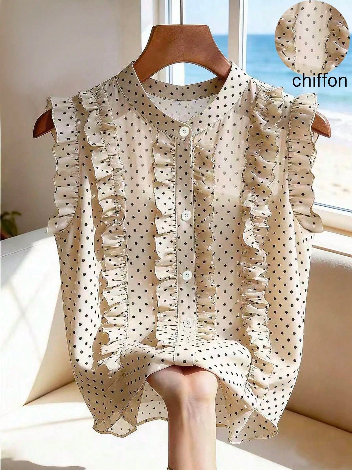 French Retro Sleeveless Chiffon Blouse With Ruffled Stand-Up Collar,Black And White Polka Dot,Summer,Elegant,Brunch,Holiday,Holiday,Casual Of