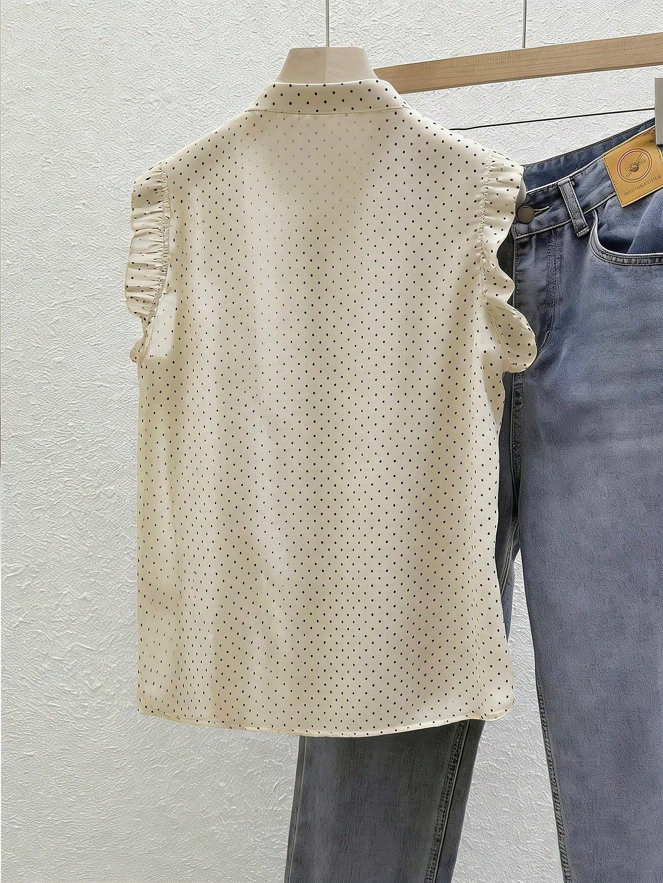 French Retro Sleeveless Chiffon Blouse With Ruffled Stand-Up Collar,Black And White Polka Dot,Summer,Elegant,Brunch,Holiday,Holiday,Casual Of