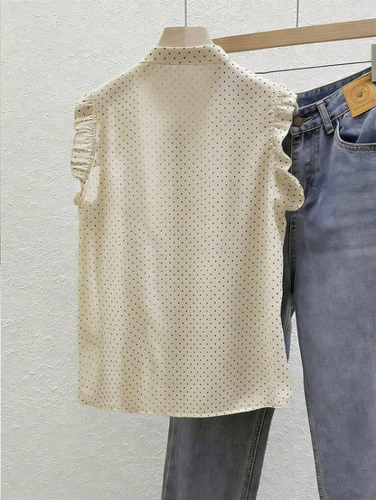 French Retro Sleeveless Chiffon Blouse With Ruffled Stand-Up Collar,Black And White Polka Dot,Summer,Elegant,Brunch,Holiday,Holiday,Casual Of