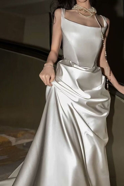 French Style White Satin A Line Elegant Prom Dress,AST2304