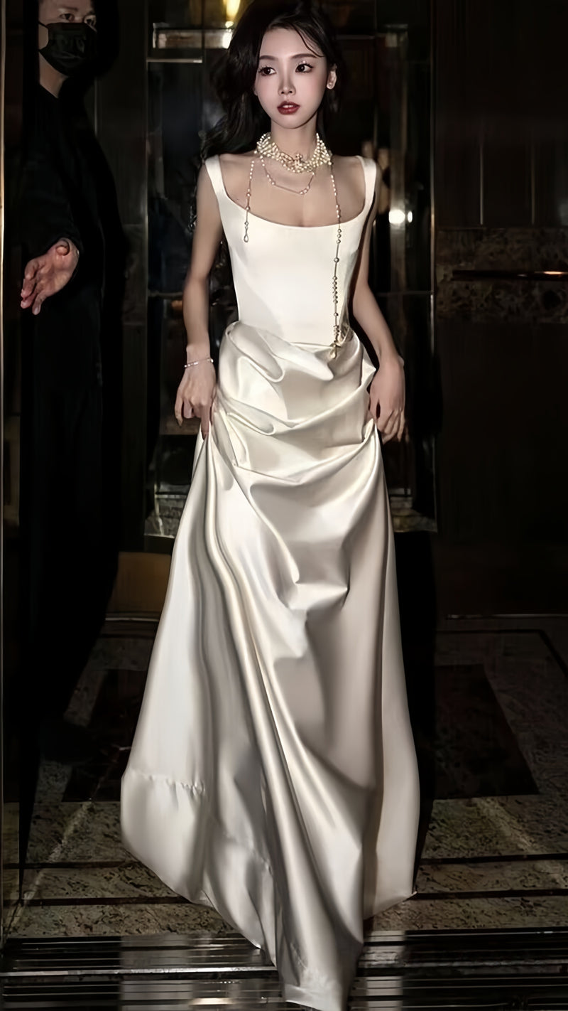 French Style White Satin A Line Elegant Prom Dress,AST2304