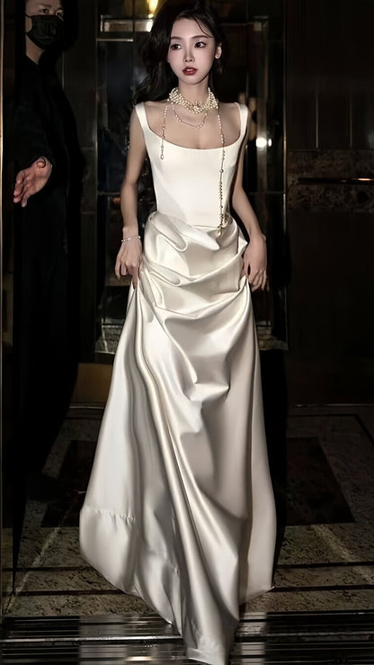 French Style White Satin A Line Elegant Prom Dress,AST2304