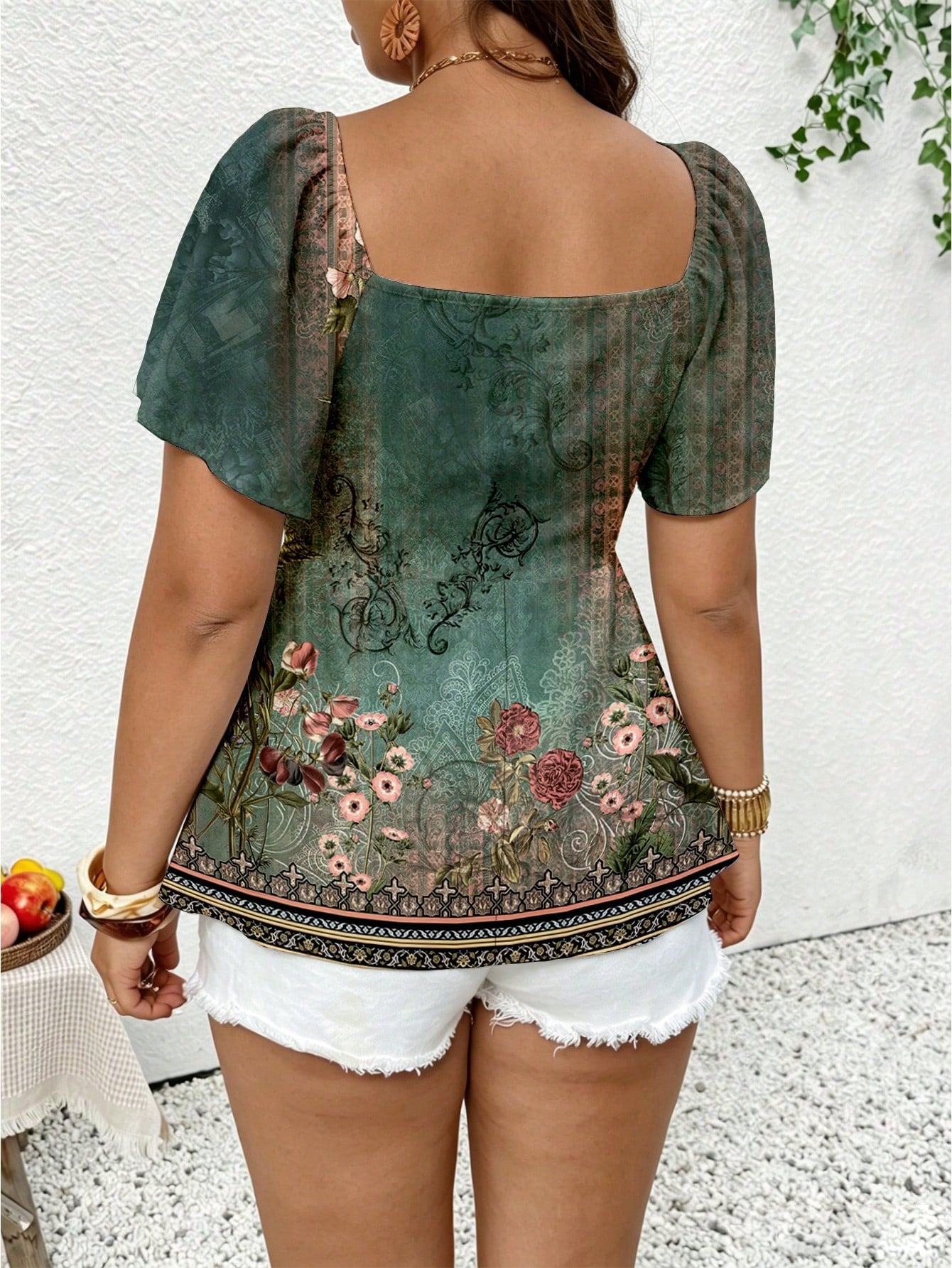 Frenchy Casual Spring/Summer Vintage Floral Print Cold Shoulder Drawstring Plus Size Women's T-Shirt, Vacation Women