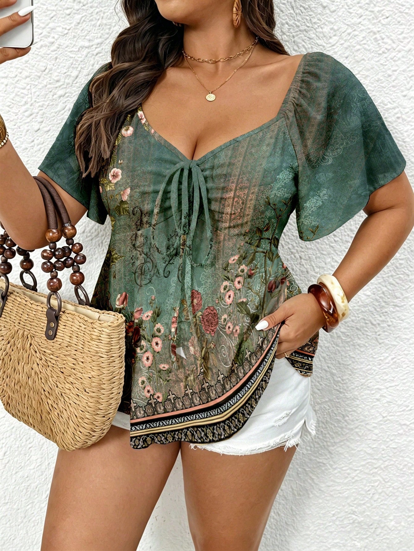 Frenchy Casual Spring/Summer Vintage Floral Print Cold Shoulder Drawstring Plus Size Women's T-Shirt, Vacation Women