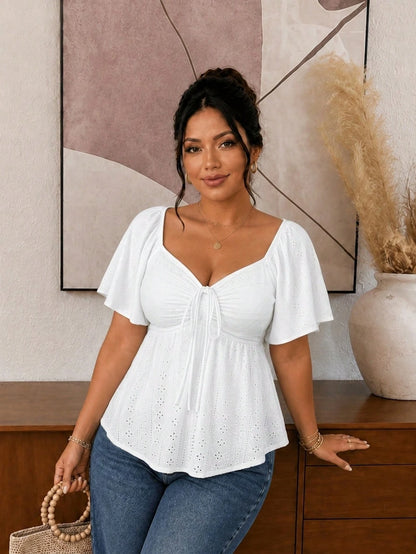 Frenchy Casual Vacation White Textured Lace Fabric Off-Shoulder Drawstring Plus Size Women's T-Shirt Vacation Women's Off-Shoulder Summer Top