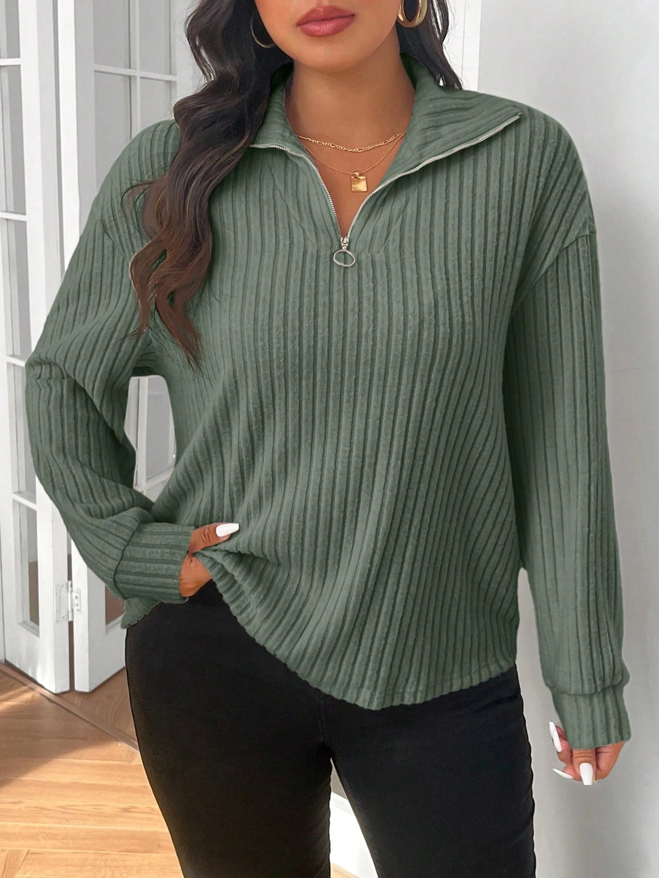 Frenchy Casual Zip-Up Apricot Color Plus Size T-Shirt, For Thanksgiving, Winter