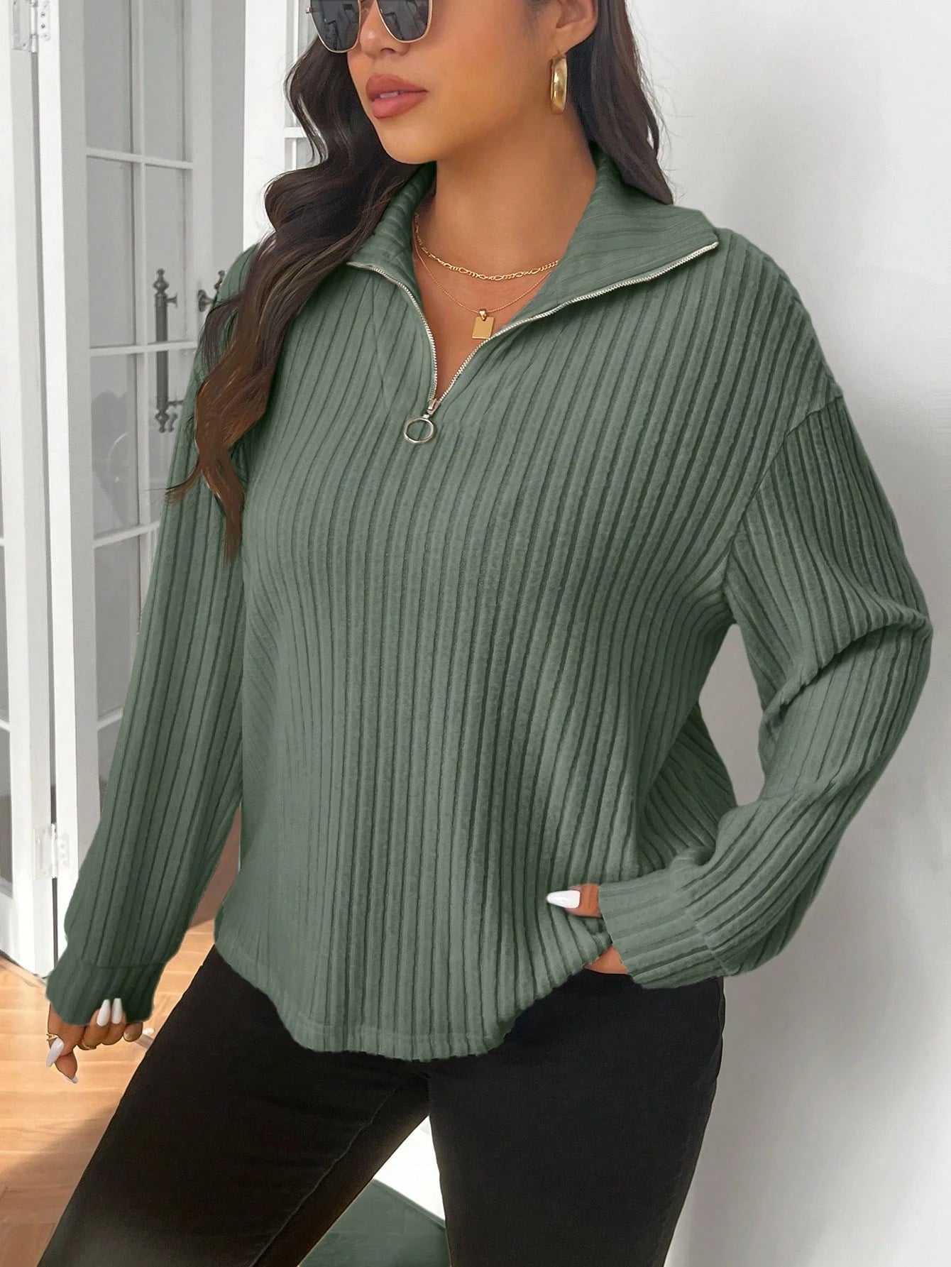 Frenchy Casual Zip-Up Apricot Color Plus Size T-Shirt, For Thanksgiving, Winter