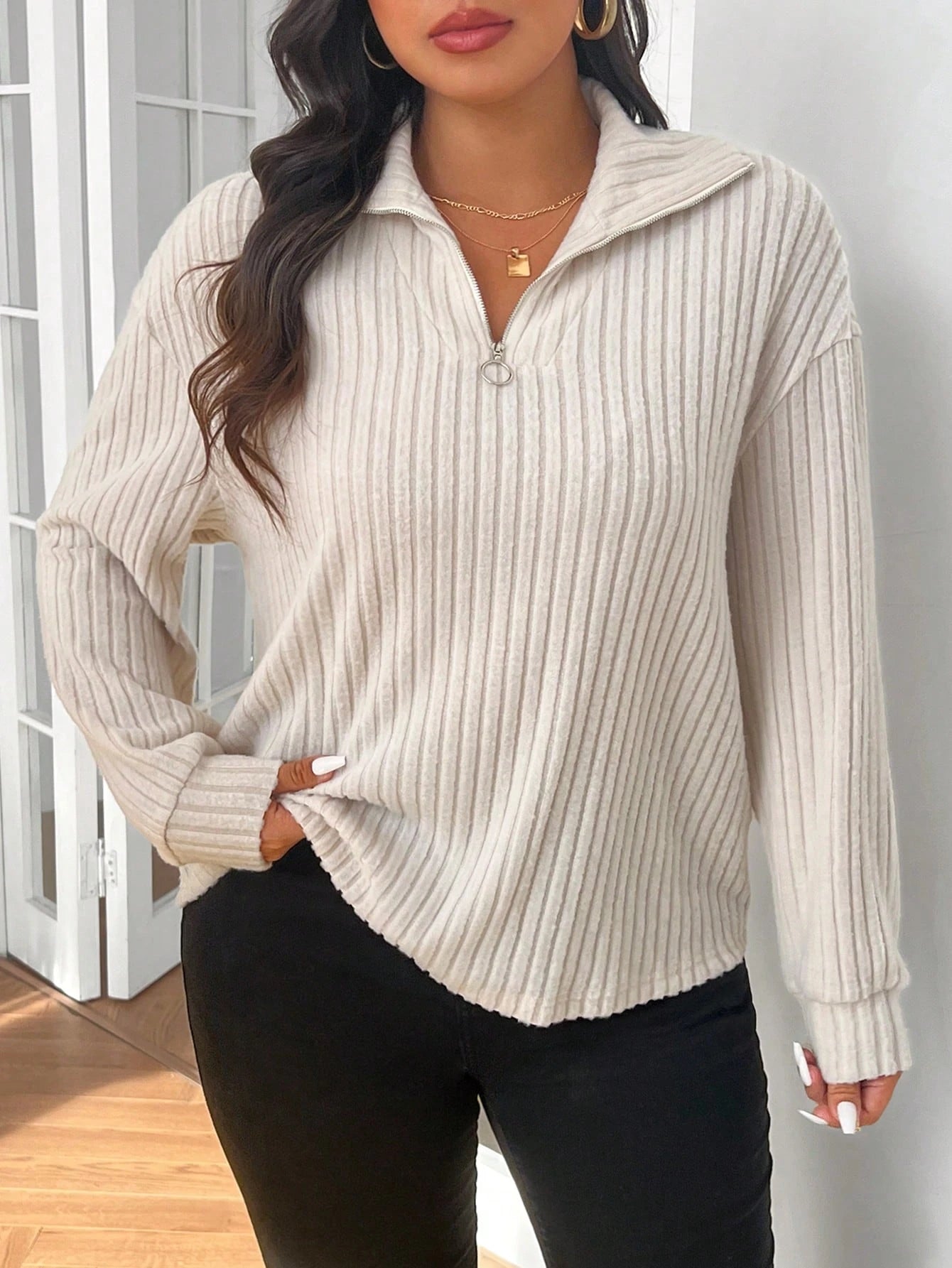 Frenchy Casual Zip-Up Apricot Color Plus Size T-Shirt, For Thanksgiving, Winter