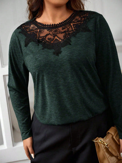 Frenchy Plus Size Lace Patchwork Contrast Color Round Neck Casual Long Sleeve T-Shirt Spring To Summer