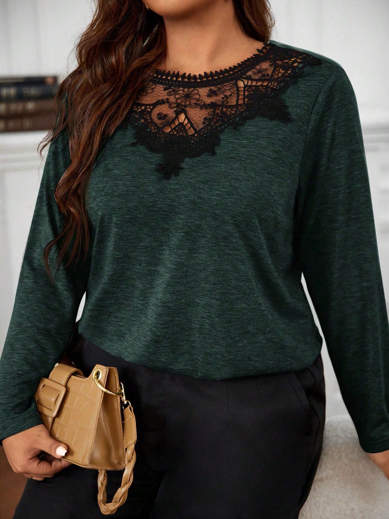 Frenchy Plus Size Lace Patchwork Contrast Color Round Neck Casual Long Sleeve T-Shirt Spring To Summer