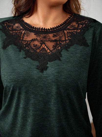 Frenchy Plus Size Lace Patchwork Contrast Color Round Neck Casual Long Sleeve T-Shirt Spring To Summer