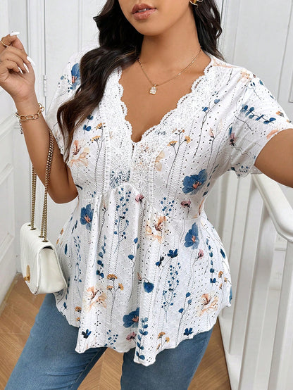 Frenchy Plus Size Tie Dye Floral V-Neck Contrast Lace Textured Women's Summer Boho T-Shirt