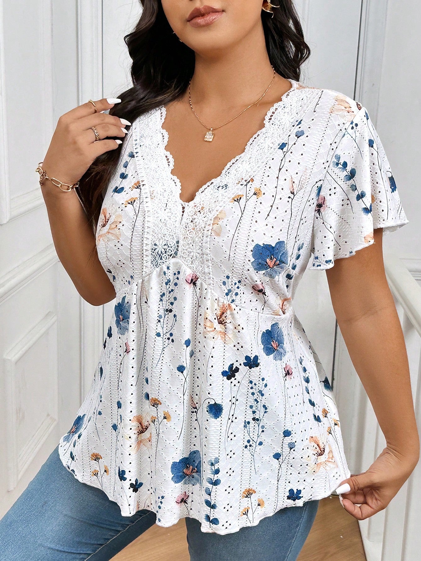 Frenchy Plus Size Tie Dye Floral V-Neck Contrast Lace Textured Women's Summer Boho T-Shirt