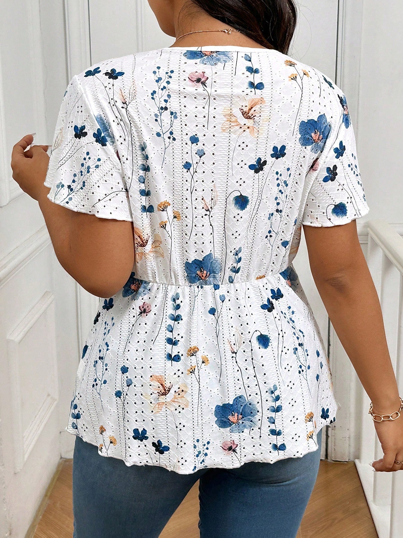 Frenchy Plus Size Tie Dye Floral V-Neck Contrast Lace Textured Women's Summer Boho T-Shirt