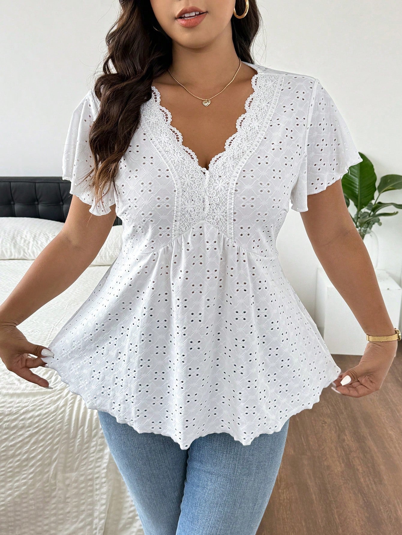 Frenchy Plus Size Tie Dye Floral V-Neck Contrast Lace Textured Women's Summer Boho T-Shirt