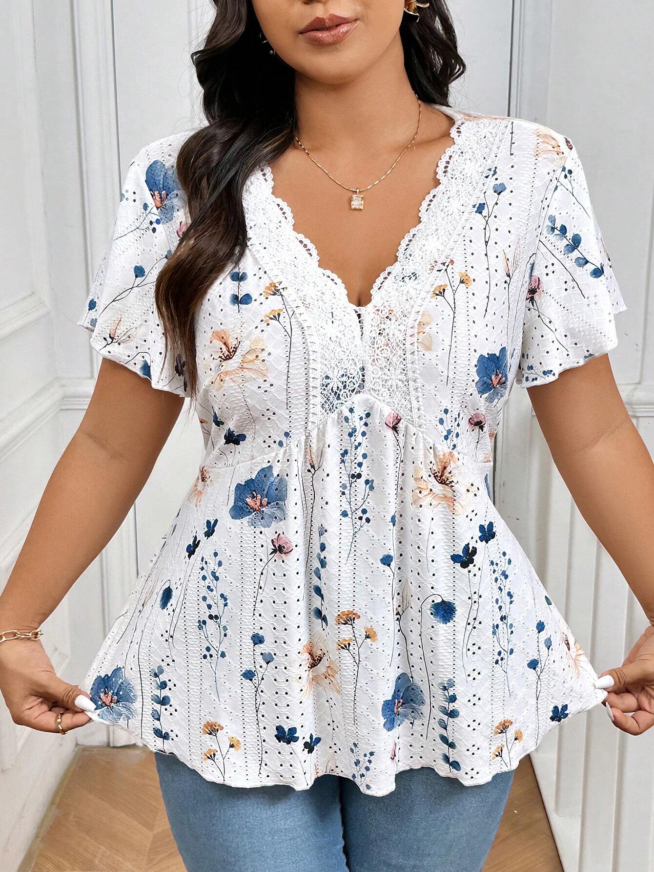 Frenchy Plus Size Tie Dye Floral V-Neck Contrast Lace Textured Women's Summer Boho T-Shirt