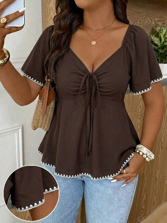 Frenchy Plus Size Women's V-Neck Cropped Contrast Color Machine-Knit Shell Flower Brown Long Sleeve T-Shirt, Casual Versatile, Ruffle Cuffs Waist-Defining Front Tie Design, Elegant Cover Up, Com